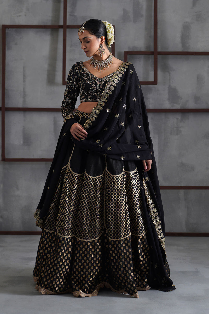 Black embroidered blouse and brocade lehanga