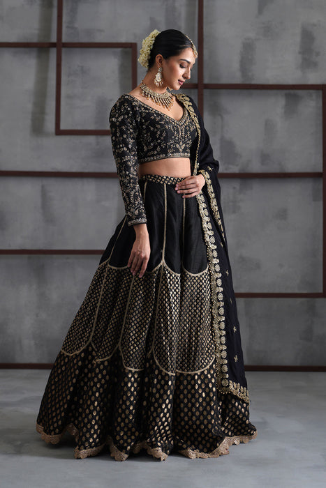 Black embroidered blouse and brocade lehanga