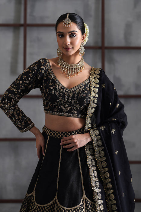 Black embroidered blouse and brocade lehanga