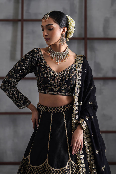 Black embroidered blouse and brocade lehanga