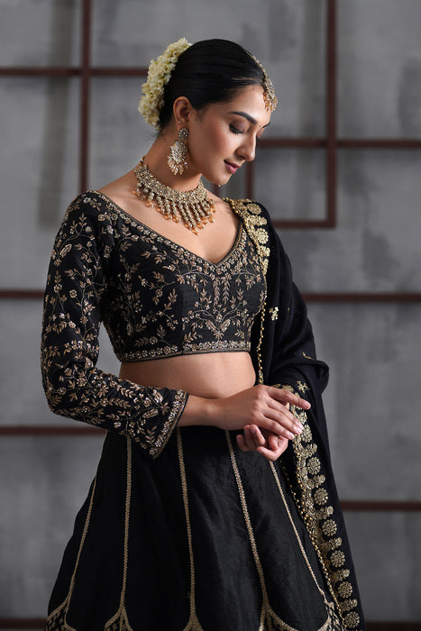 Black embroidered blouse and brocade lehanga