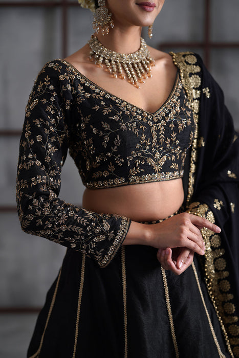 Black embroidered blouse and brocade lehanga