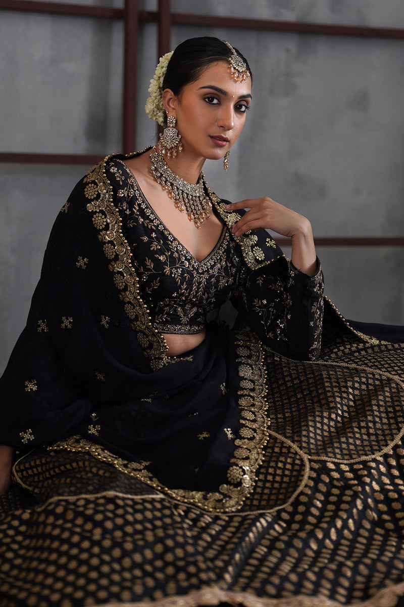 Black embroidered blouse and brocade lehanga