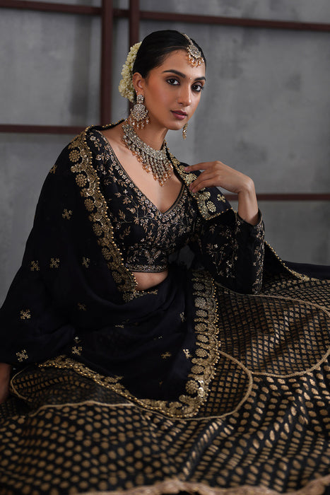 Black embroidered blouse and brocade lehanga