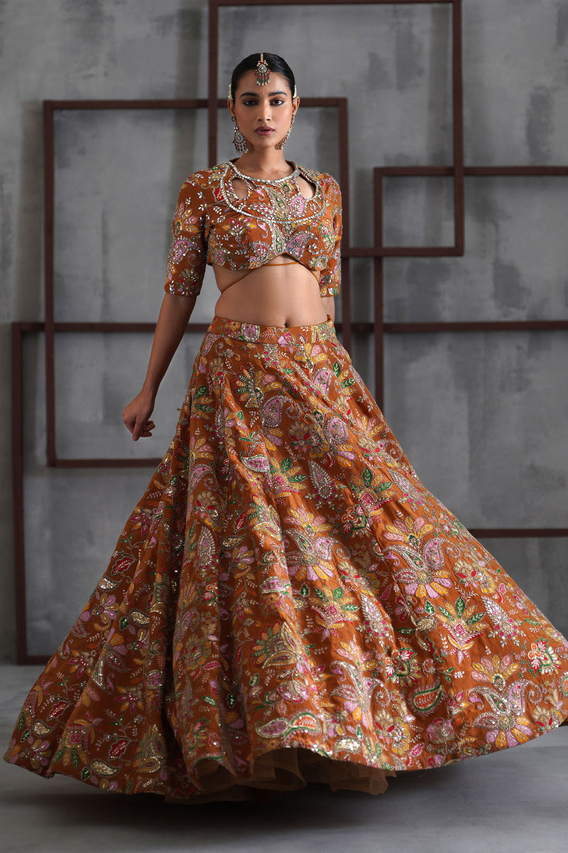 Mustard printed blouse, lehenga and dupatta