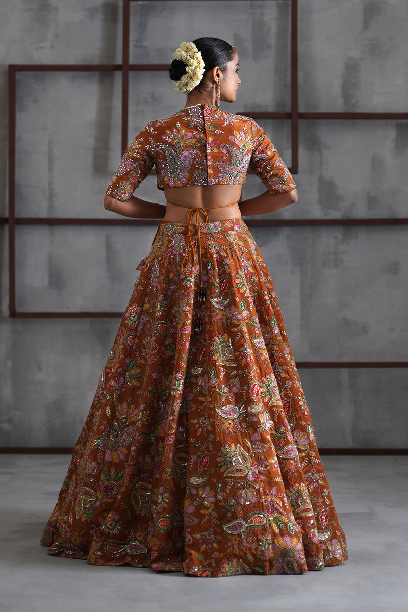 Mustard printed blouse, lehenga and dupatta