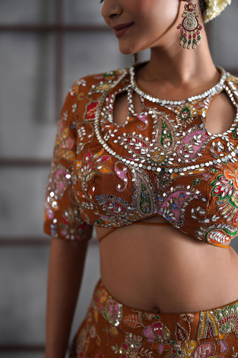 Mustard printed blouse, lehenga and dupatta