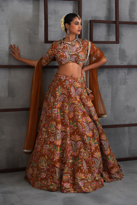 Mustard printed blouse, lehenga and dupatta
