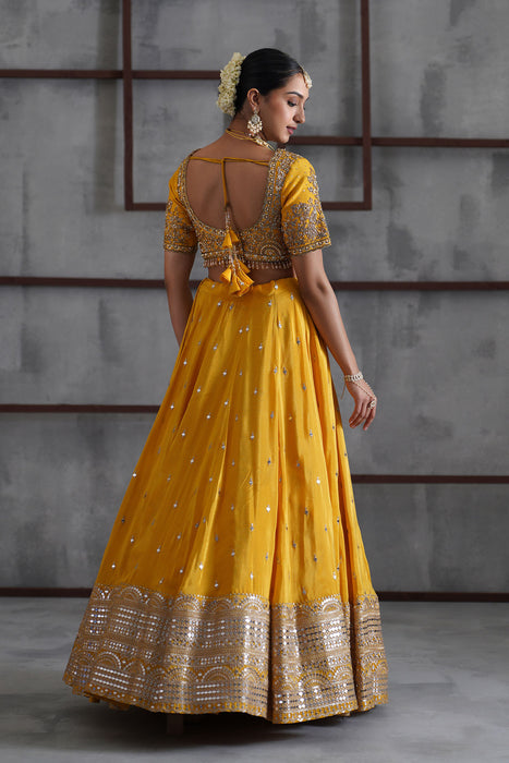 Yellow embroidered blouse, lehenga and dupatta