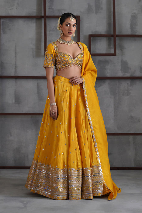 Yellow embroidered blouse, lehenga and dupatta