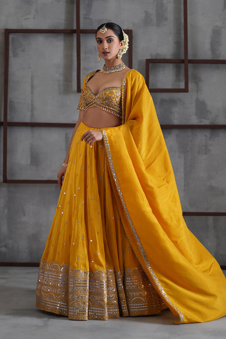 Yellow embroidered blouse, lehenga and dupatta