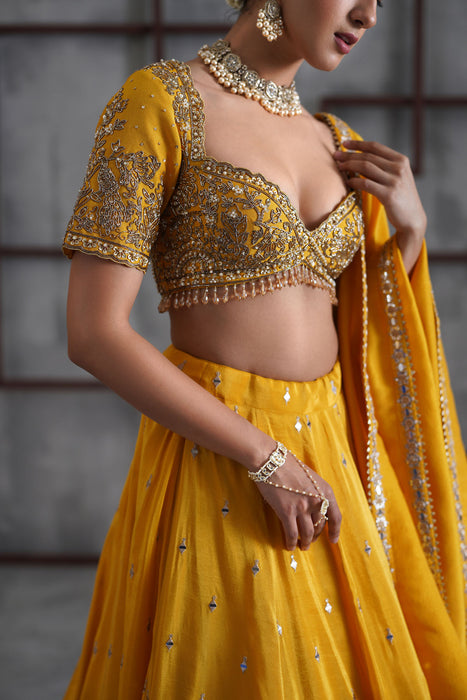 Yellow embroidered blouse, lehenga and dupatta