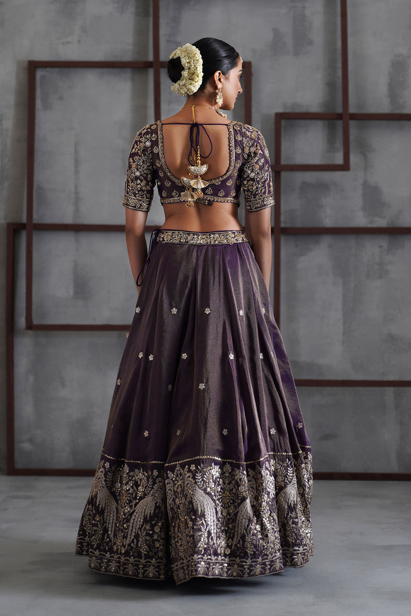 Purple tissue embroidered blouse, lehenga and dupatta