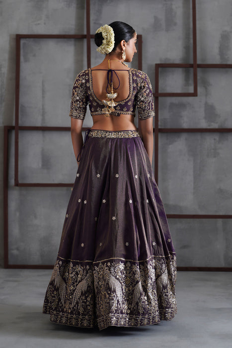 Purple tissue embroidered blouse, lehenga and dupatta
