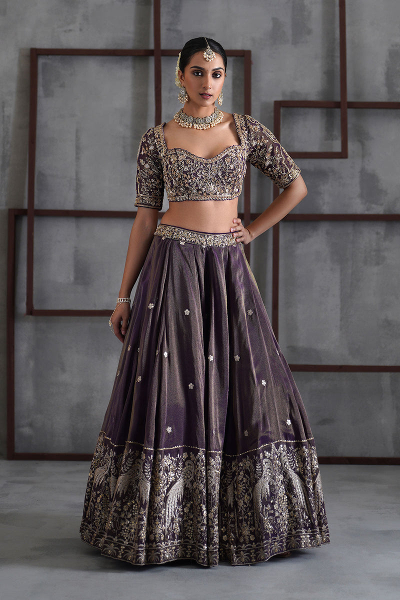 Purple tissue embroidered blouse, lehenga and dupatta