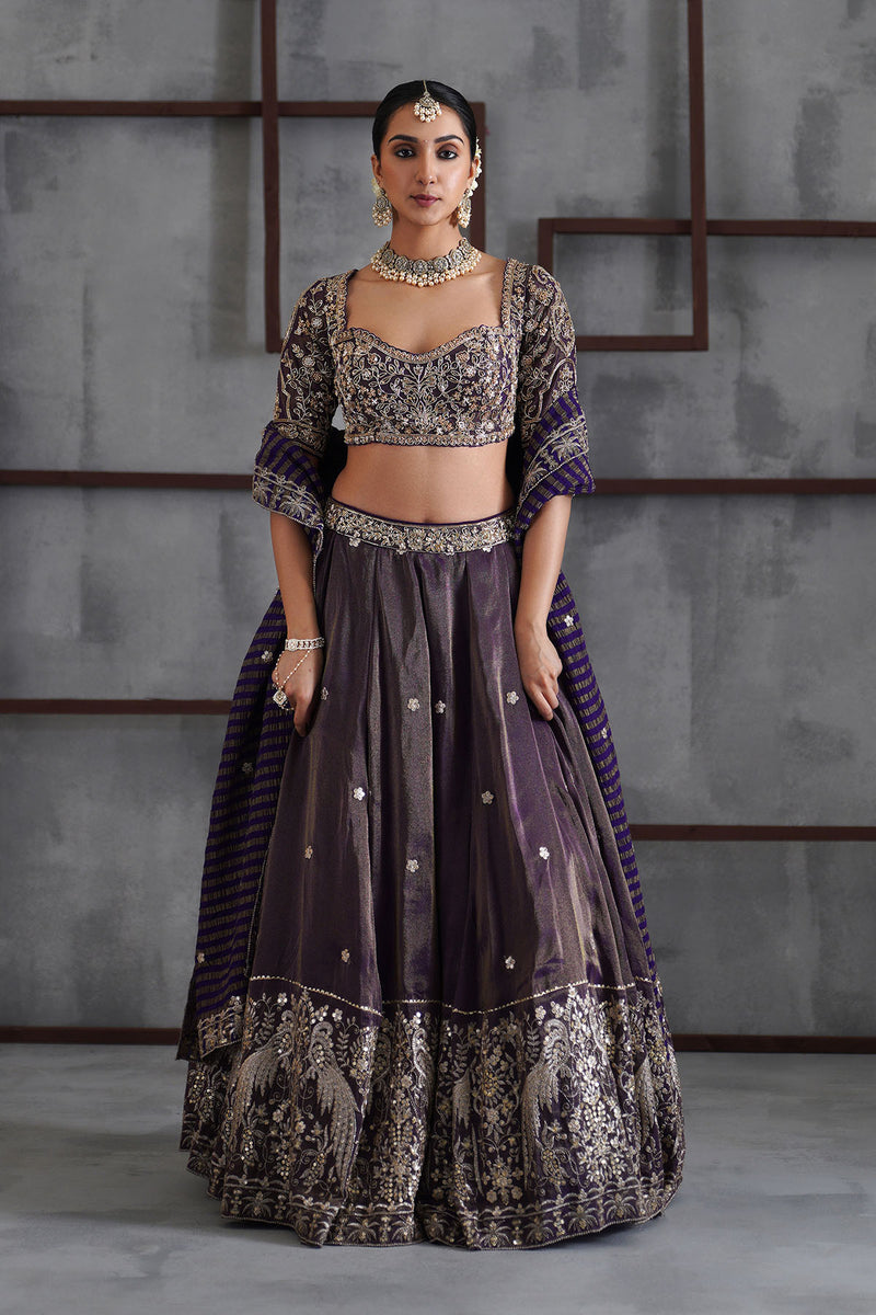 Purple tissue embroidered blouse, lehenga and dupatta