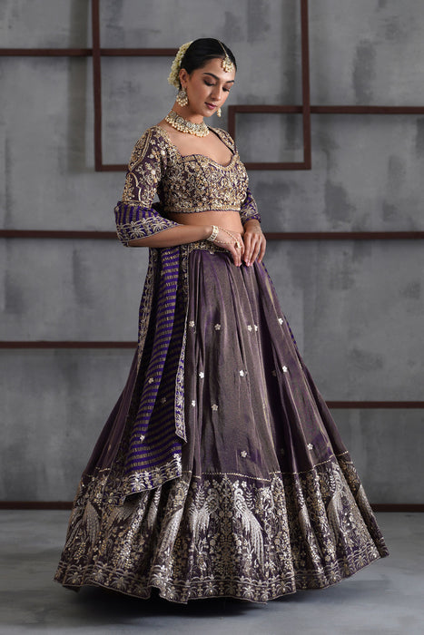 Purple tissue embroidered blouse, lehenga and dupatta