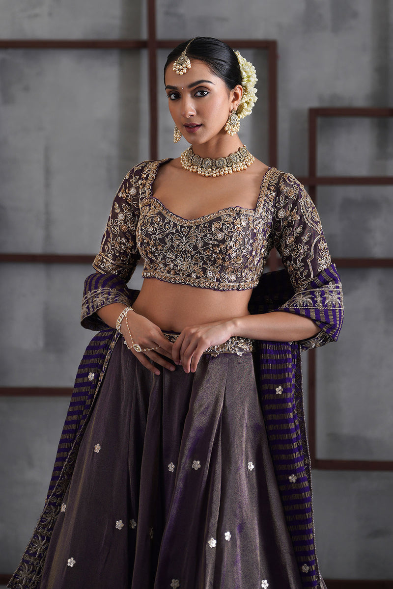 Purple tissue embroidered blouse, lehenga and dupatta