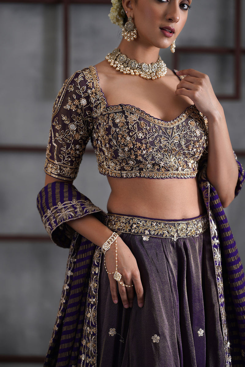 Purple tissue embroidered blouse, lehenga and dupatta