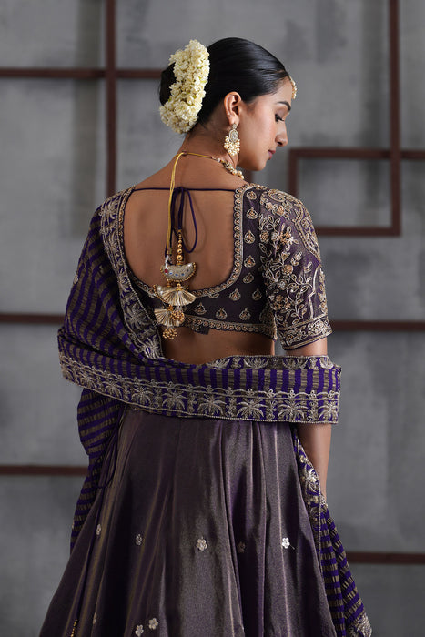 Purple tissue embroidered blouse, lehenga and dupatta