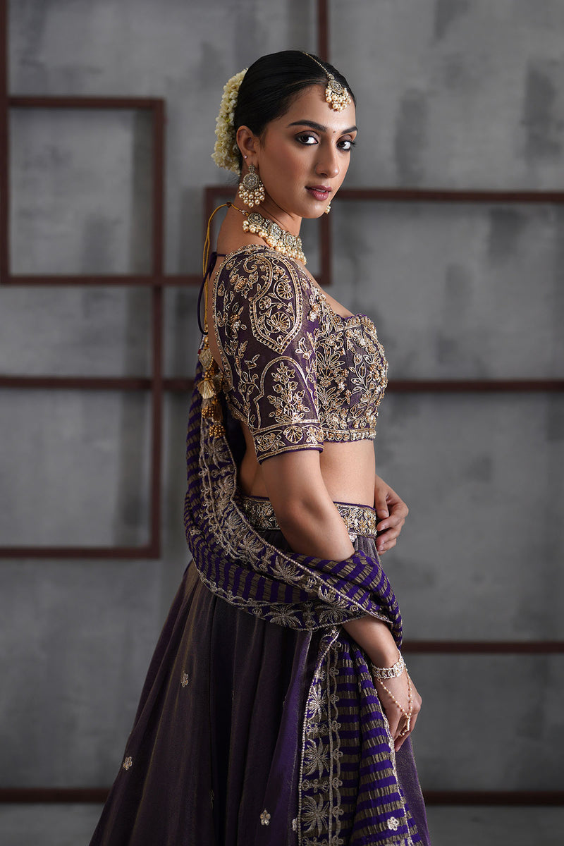 Purple tissue embroidered blouse, lehenga and dupatta