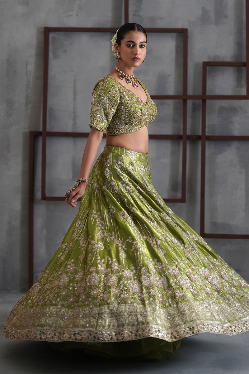 Green emboidered blouse, lehenga and dupatta