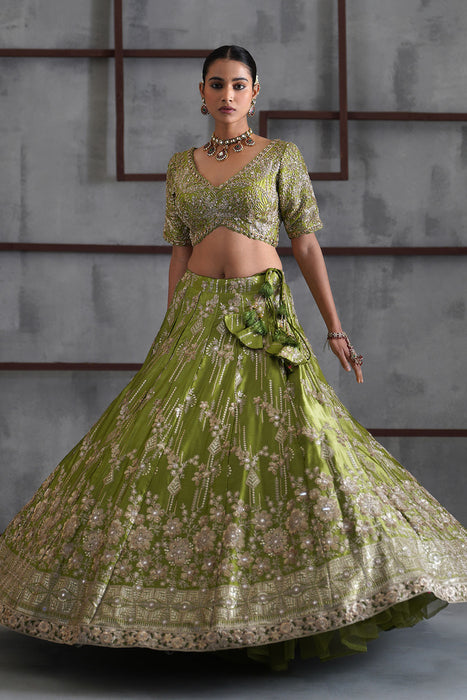 Green emboidered blouse, lehenga and dupatta