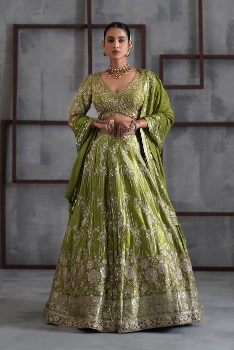 Green emboidered blouse, lehenga and dupatta