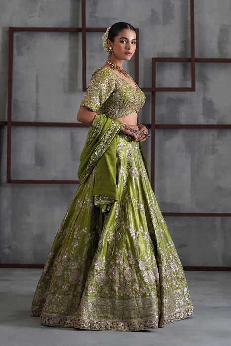 Green emboidered blouse, lehenga and dupatta