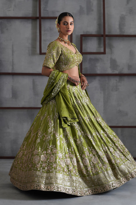 Green emboidered blouse, lehenga and dupatta