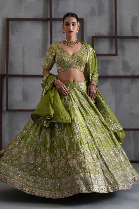 Green emboidered blouse, lehenga and dupatta