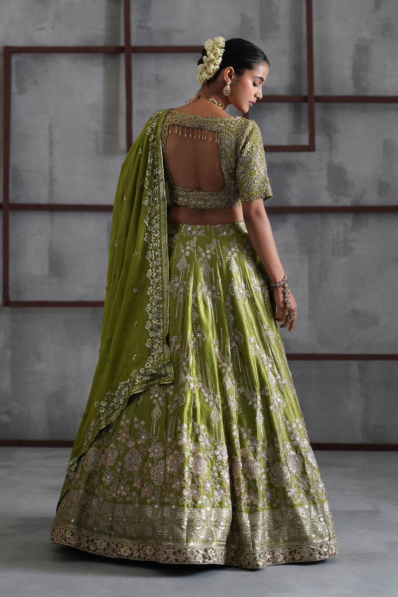 Green emboidered blouse, lehenga and dupatta