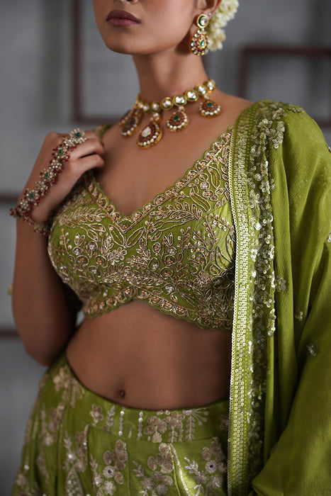 Green emboidered blouse, lehenga and dupatta