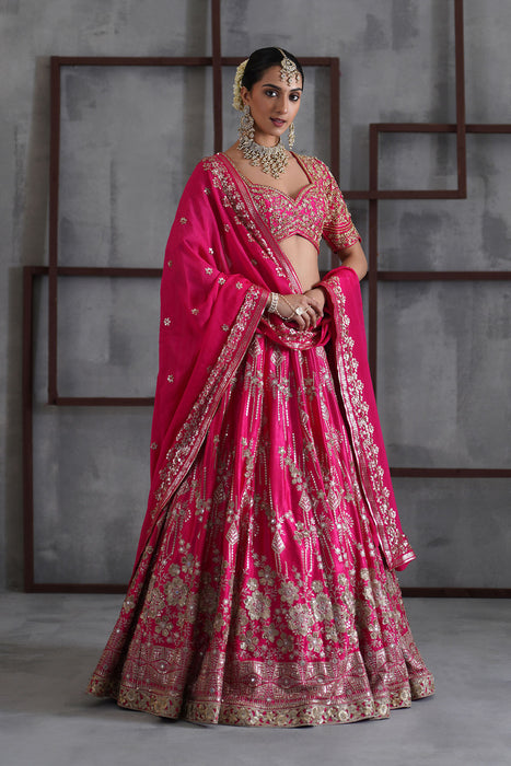Fuchshia embroidered blouse, lehenga and dupatta
