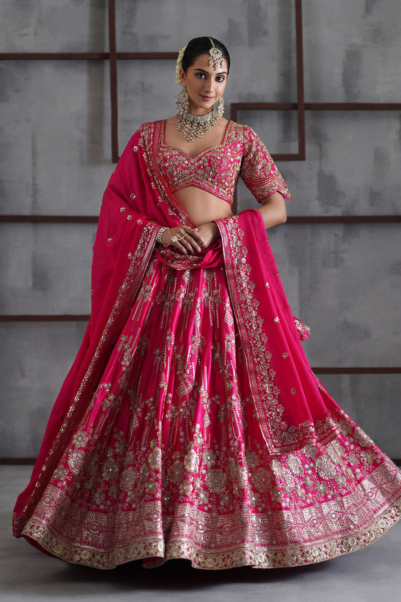 Fuchshia embroidered blouse, lehenga and dupatta