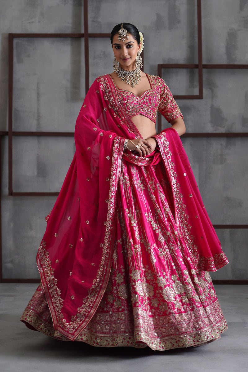 Fuchshia embroidered blouse, lehenga and dupatta