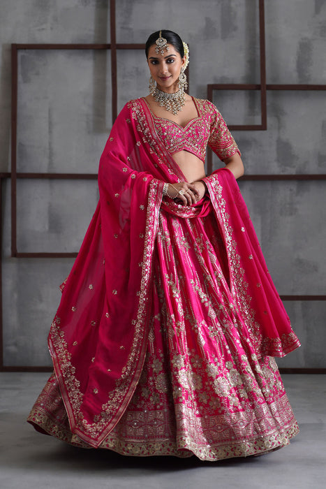 Fuchshia embroidered blouse, lehenga and dupatta