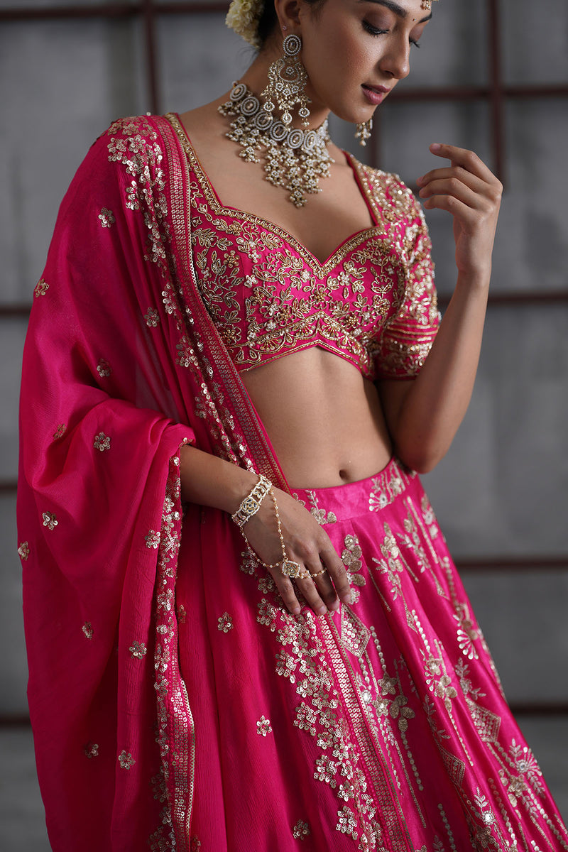 Fuchshia embroidered blouse, lehenga and dupatta