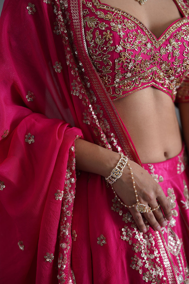 Fuchshia embroidered blouse, lehenga and dupatta