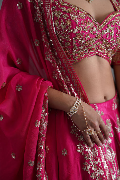 Fuchshia embroidered blouse, lehenga and dupatta
