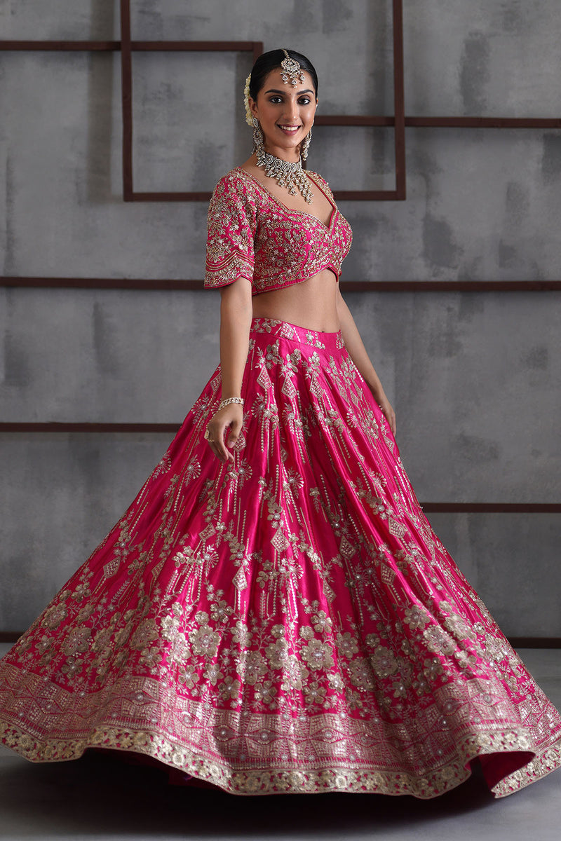 Fuchshia embroidered blouse, lehenga and dupatta