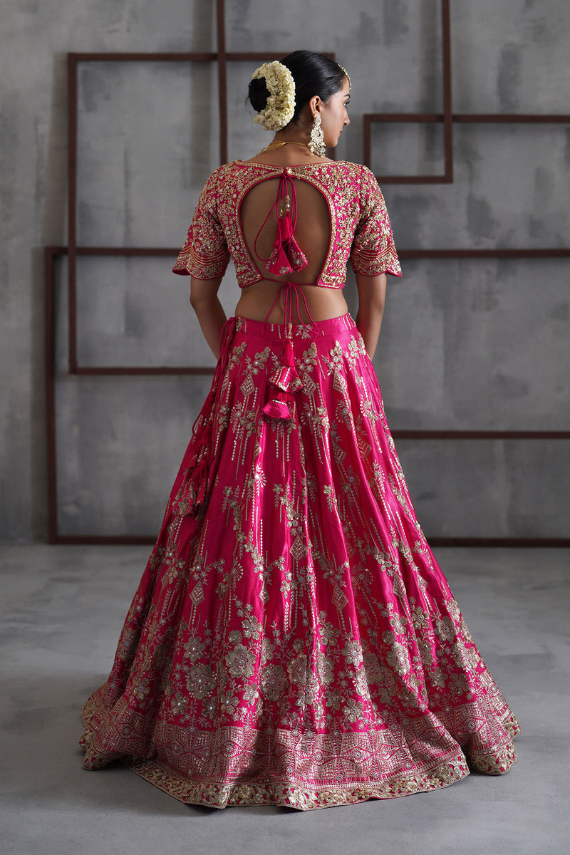 Fuchshia embroidered blouse, lehenga and dupatta