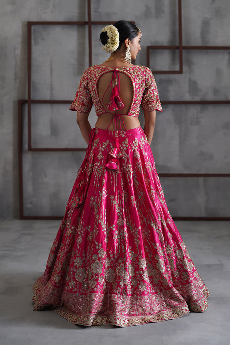 Fuchshia embroidered blouse, lehenga and dupatta