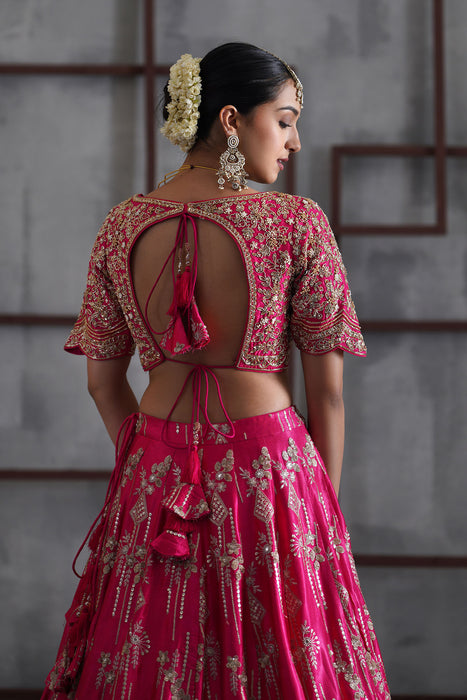 Fuchshia embroidered blouse, lehenga and dupatta