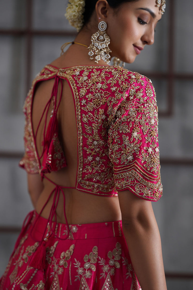 Fuchshia embroidered blouse, lehenga and dupatta