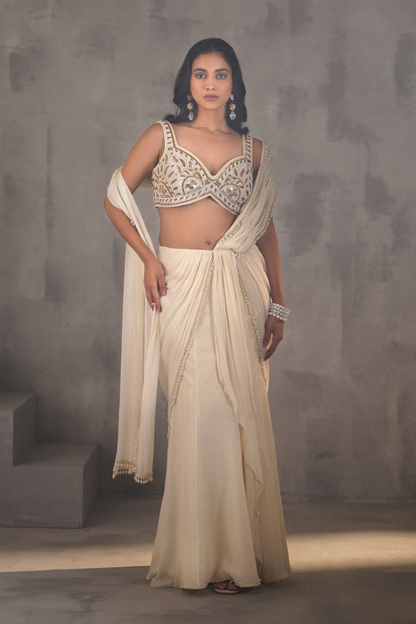 Ivory embroidered blouse, Stitched draped saree