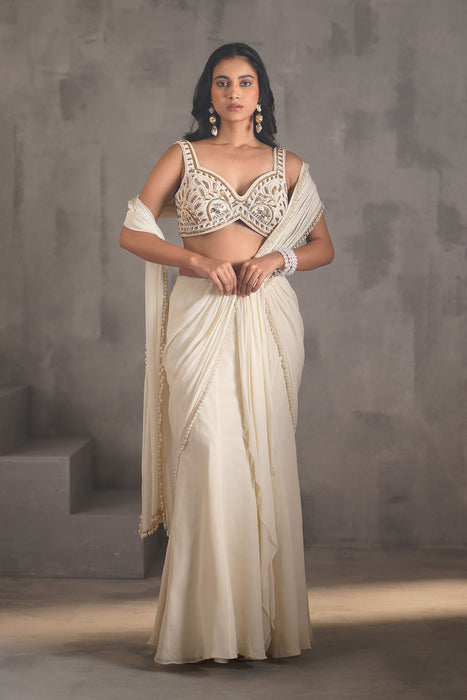 Ivory embroidered blouse, Stitched draped saree