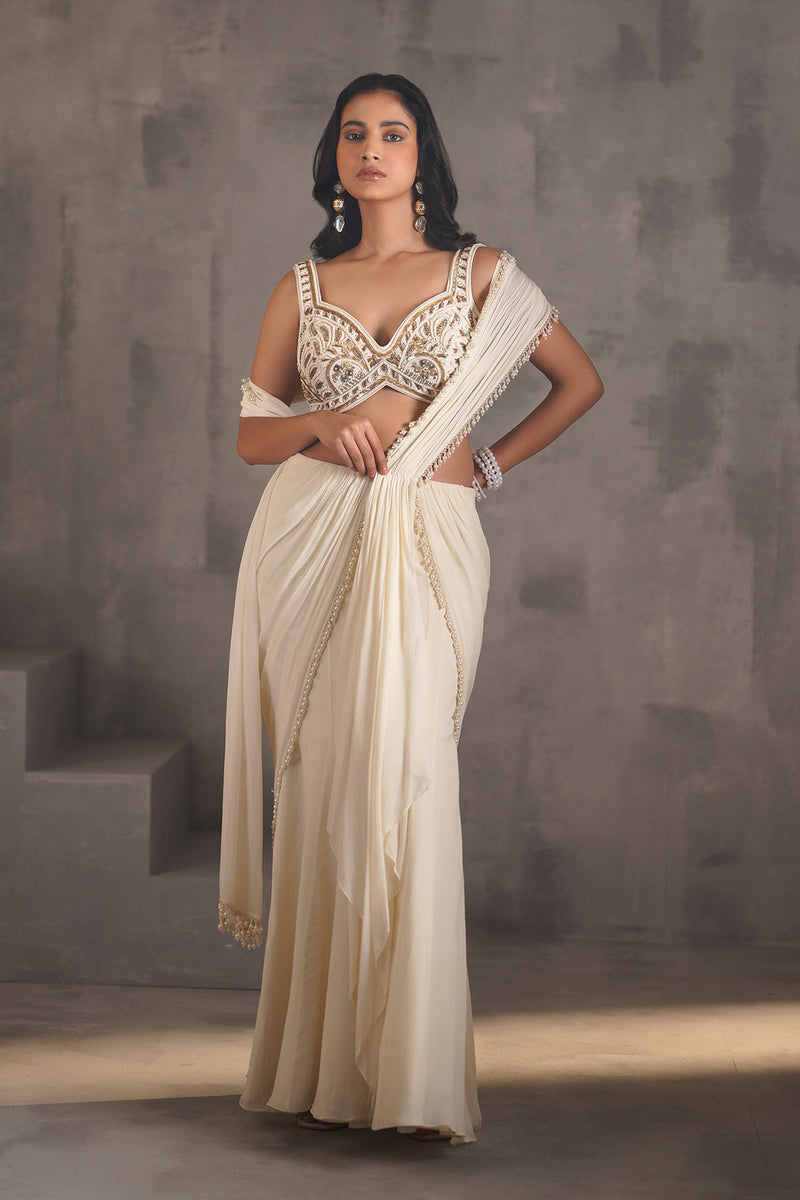 Ivory embroidered blouse, Stitched draped saree