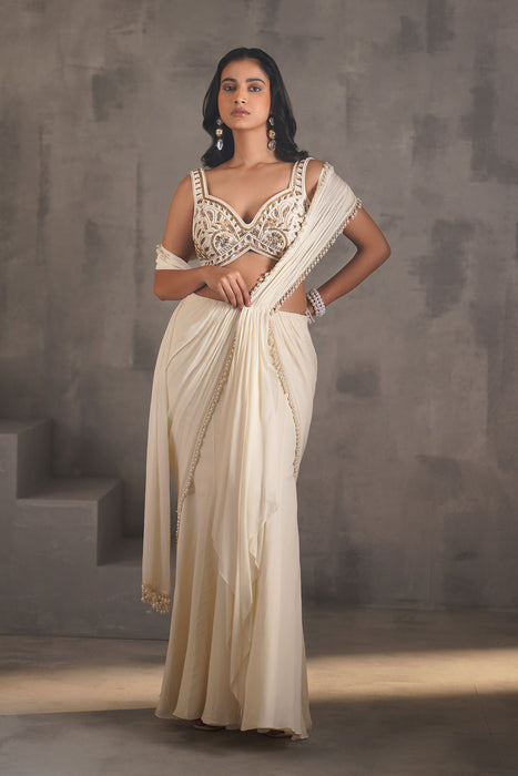Ivory embroidered blouse, Stitched draped saree