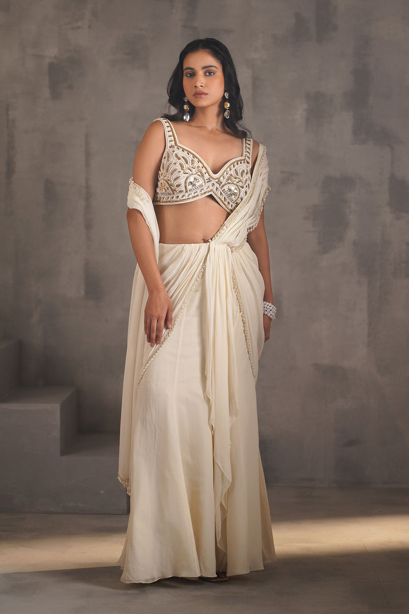 Ivory embroidered blouse, Stitched draped saree